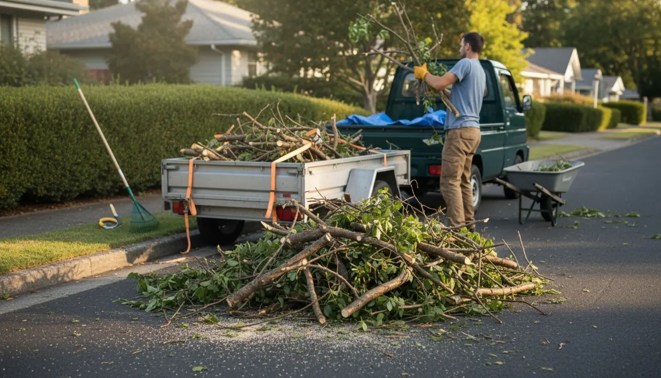 En arbejdende læsser grene ind i en trailer ved vejkanten, med handsker på og ansigtet ikke synligt.