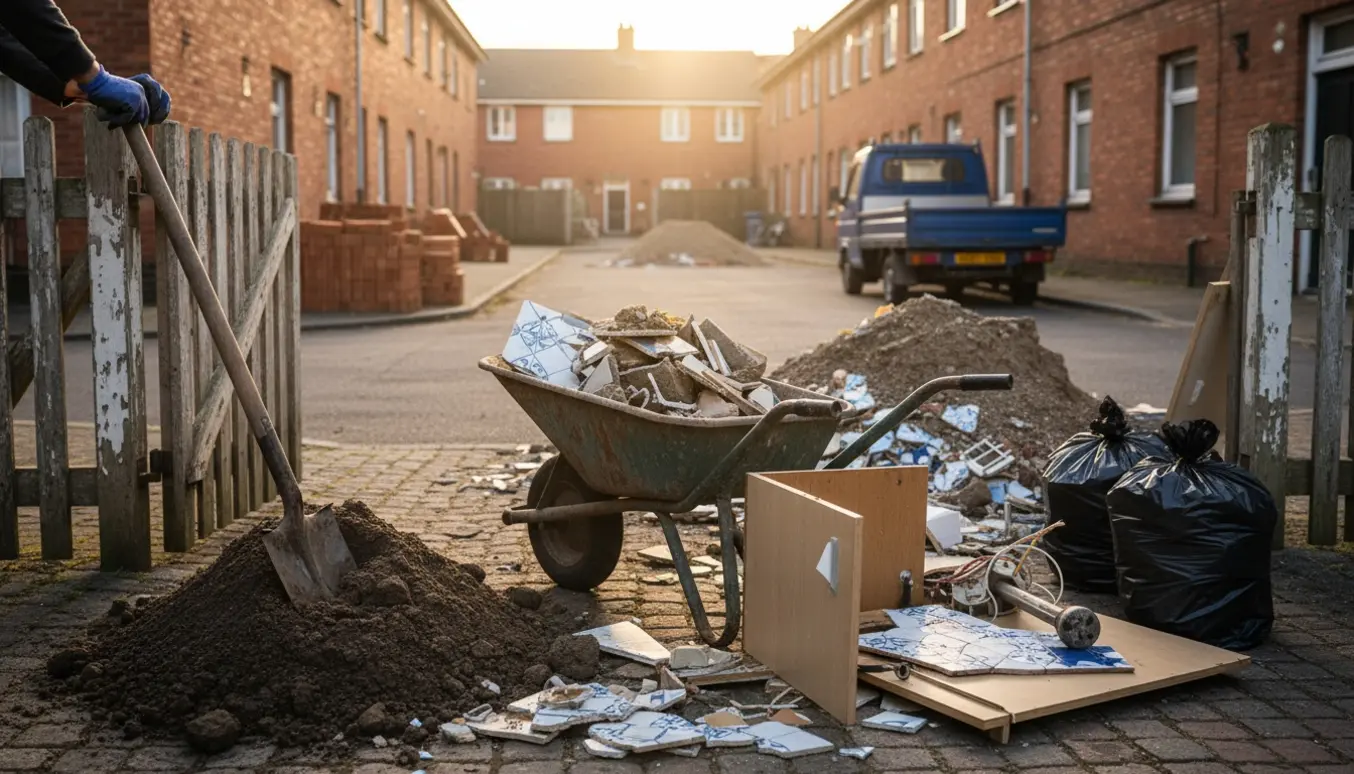 Bunke jord, knuste fliser og gammelt køkkenaffald ved et åbent hegn og i en gård, mens en trillebør fyldes.