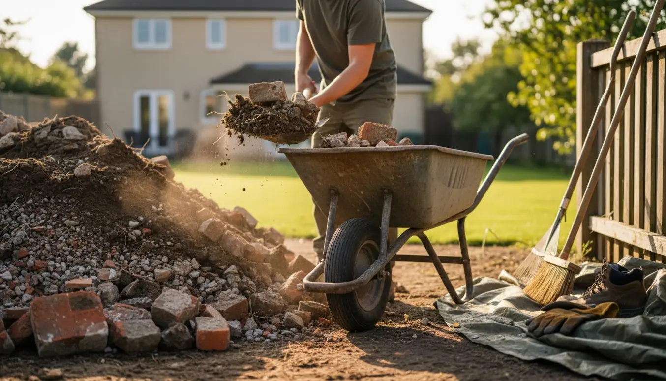 Skovl, trillebør og bunker af brokker og jord under oprydning i en have.