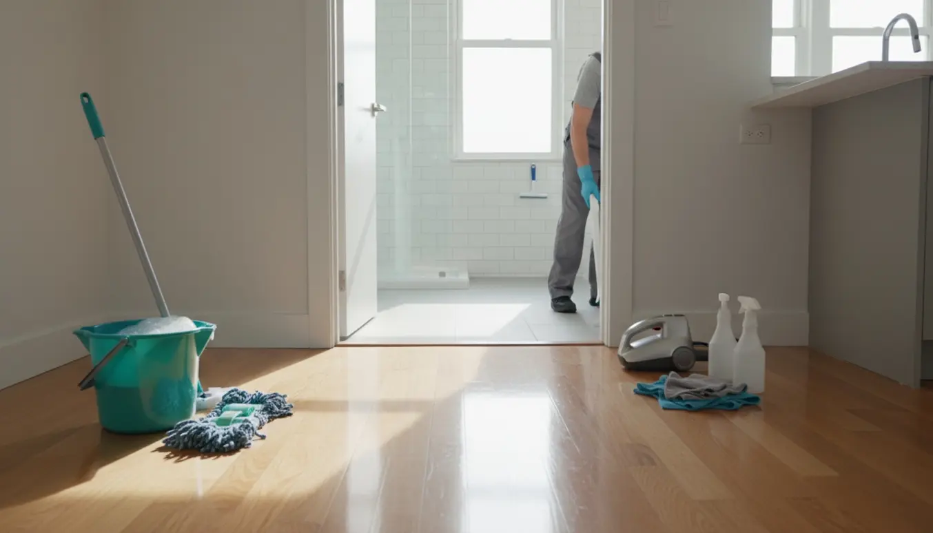 Tom lejlighed med rengøringsudstyr og en person, der vasker karme og gulve i dagslys.