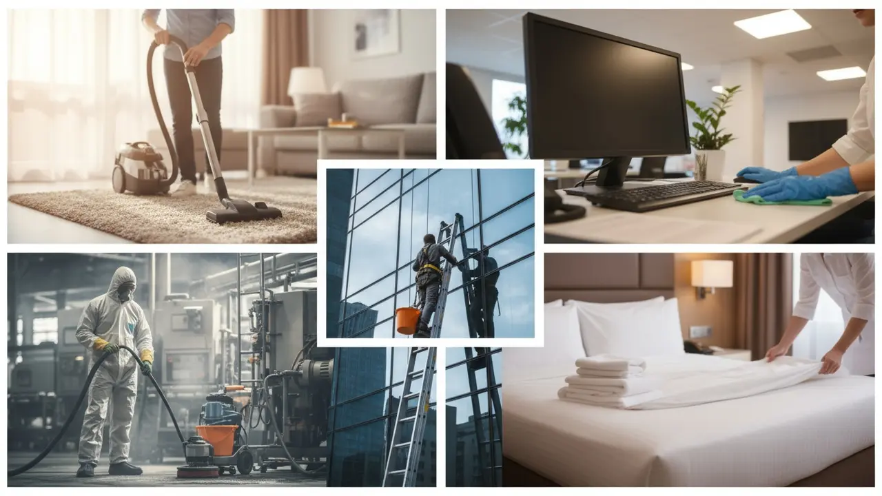 Kollage af forskellige rengøringsjob: hjem, kontor, vinduespuds, industri og hotel.
