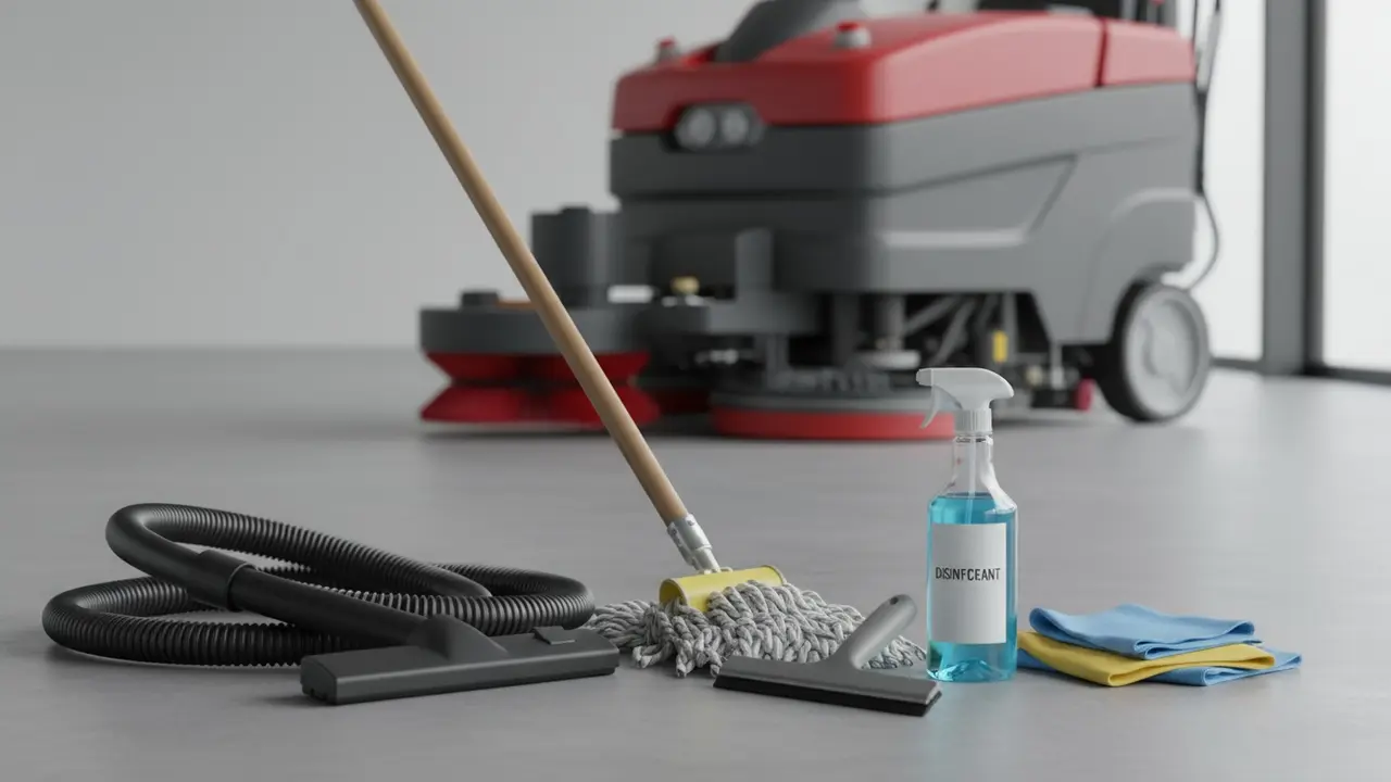 Rengøringsredskaber på neutral baggrund: støvsuger, moppe, skraber, klude og sprøjte.