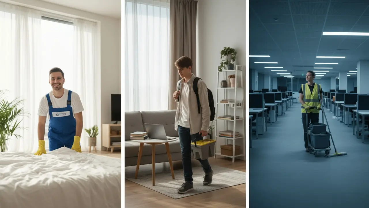 Tre-scene billede der viser fuldtid, deltids- og natarbejde inden for rengøring.