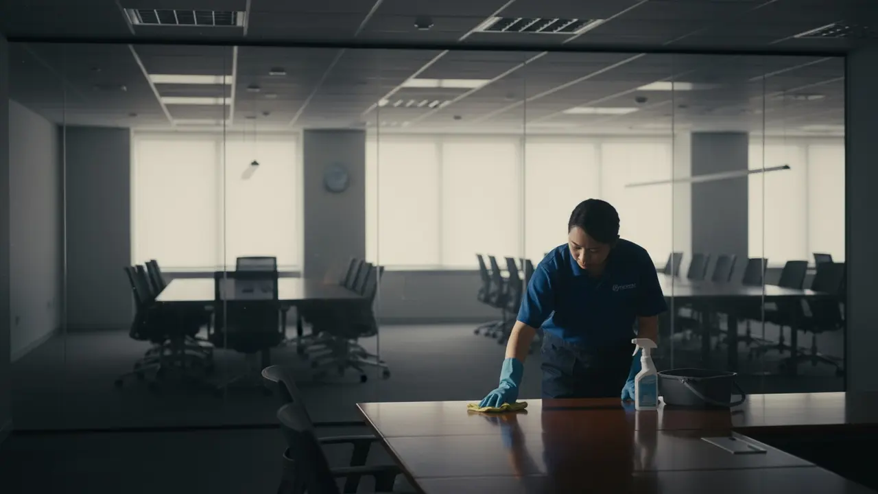 Kontorrengøringsassistent rengør skriveborde i et tomt kontor om aftenen.