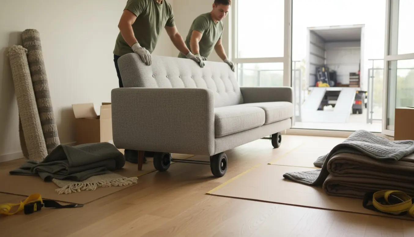 To personer flytter en sofa ind i en lys stue med rullede tæpper og flytteudstyr, ansigter ikke synlige.