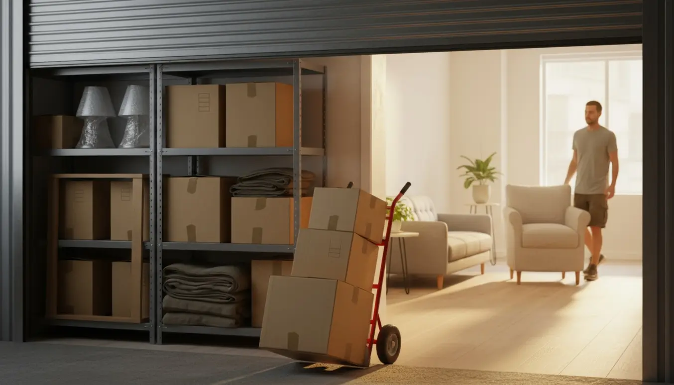 Flyttekasser og en sækkevogn i overgang fra et lagerrum til en lys lejlighed.
