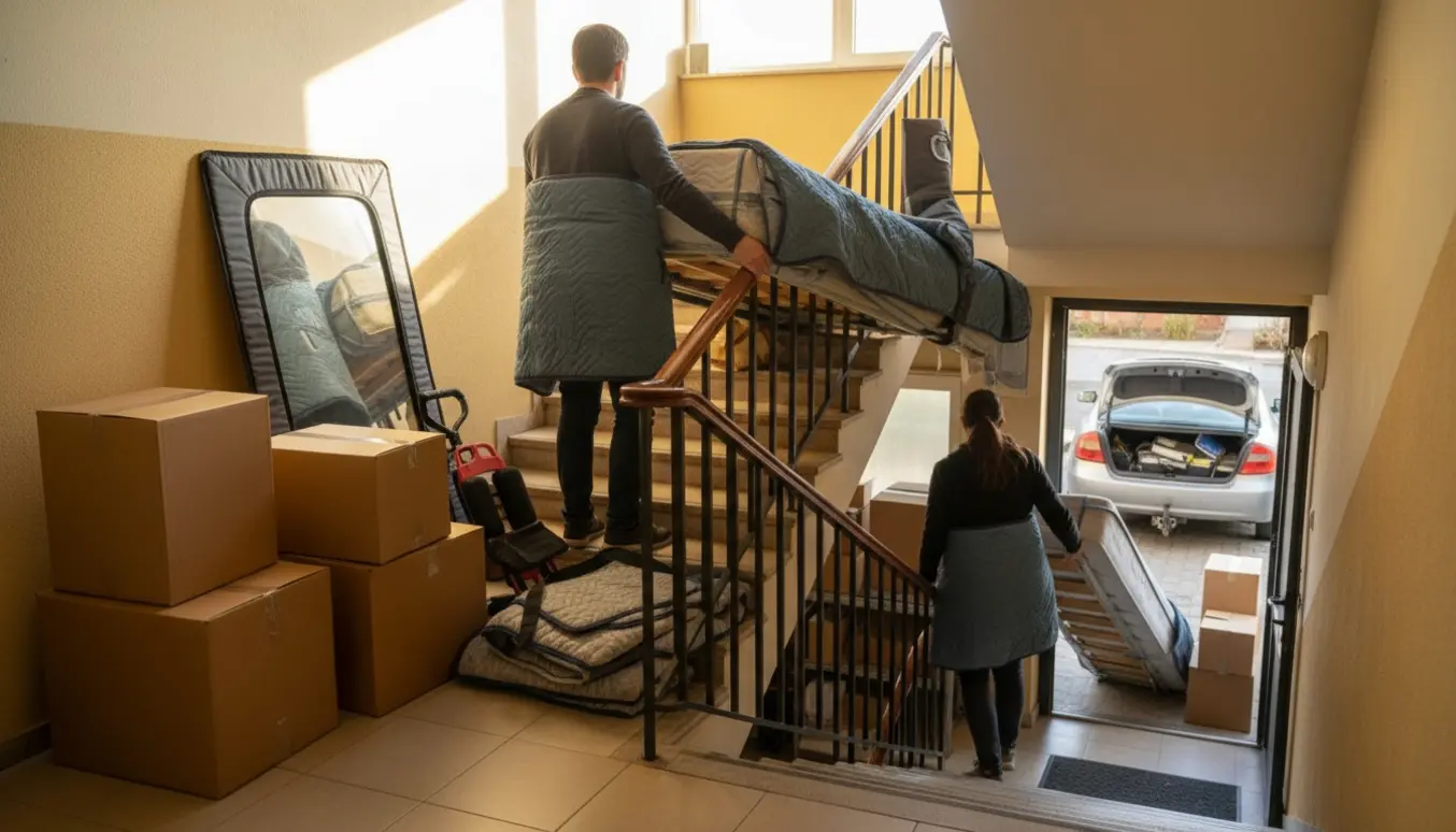 Flyttefolk bærer en 1,5-mands seng, flyttekasser og et indpakket spejl fra en lille lejlighed mod et lille depotrum med bil og anhængertræk i baggrunden.