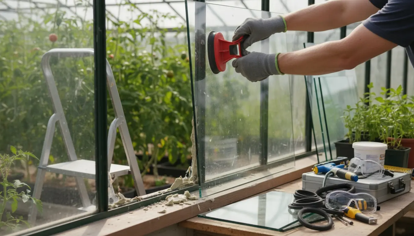 Hænder i handsker monterer en ny rude i et drivhus med en bunke forskellige glasruder og værktøj i baggrunden.