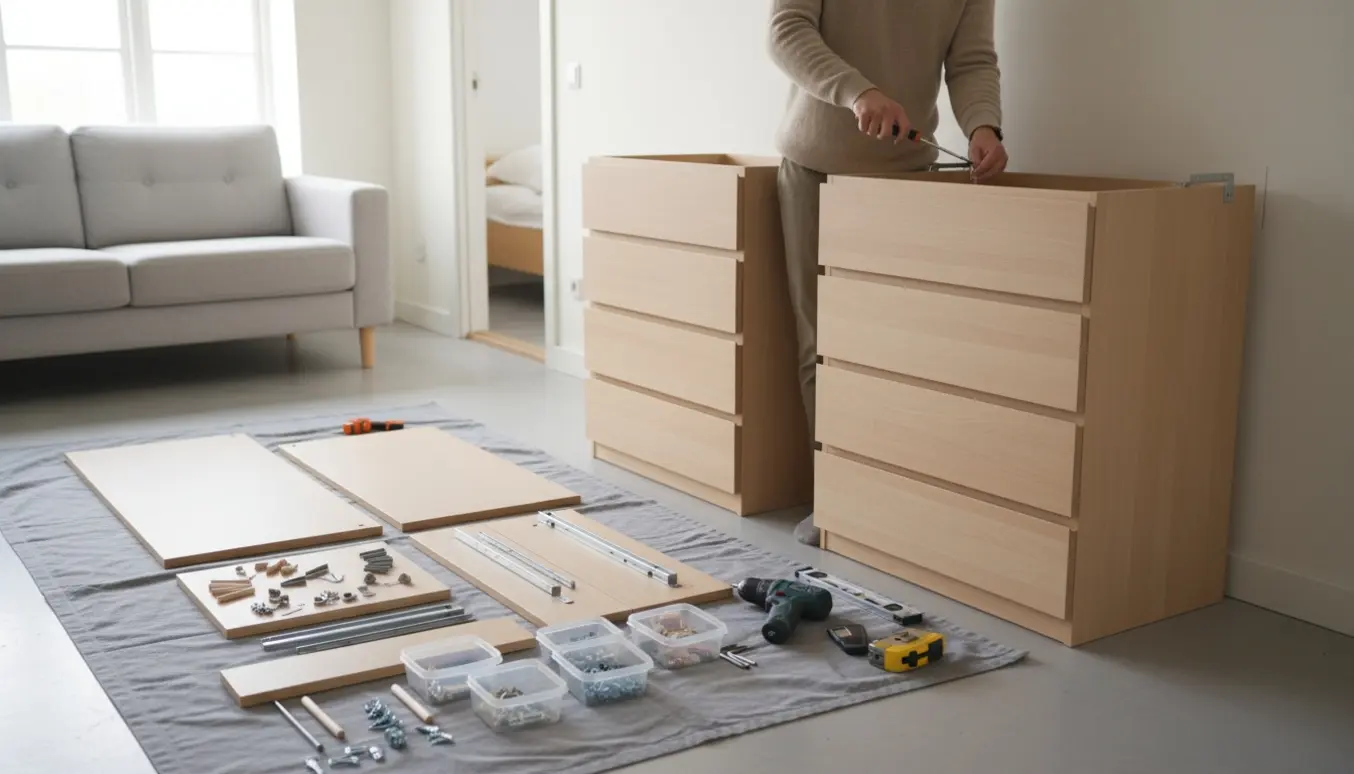 To delvist samlede MALM-kommoder i en lys stue med værktøj klar til vægmontering.
