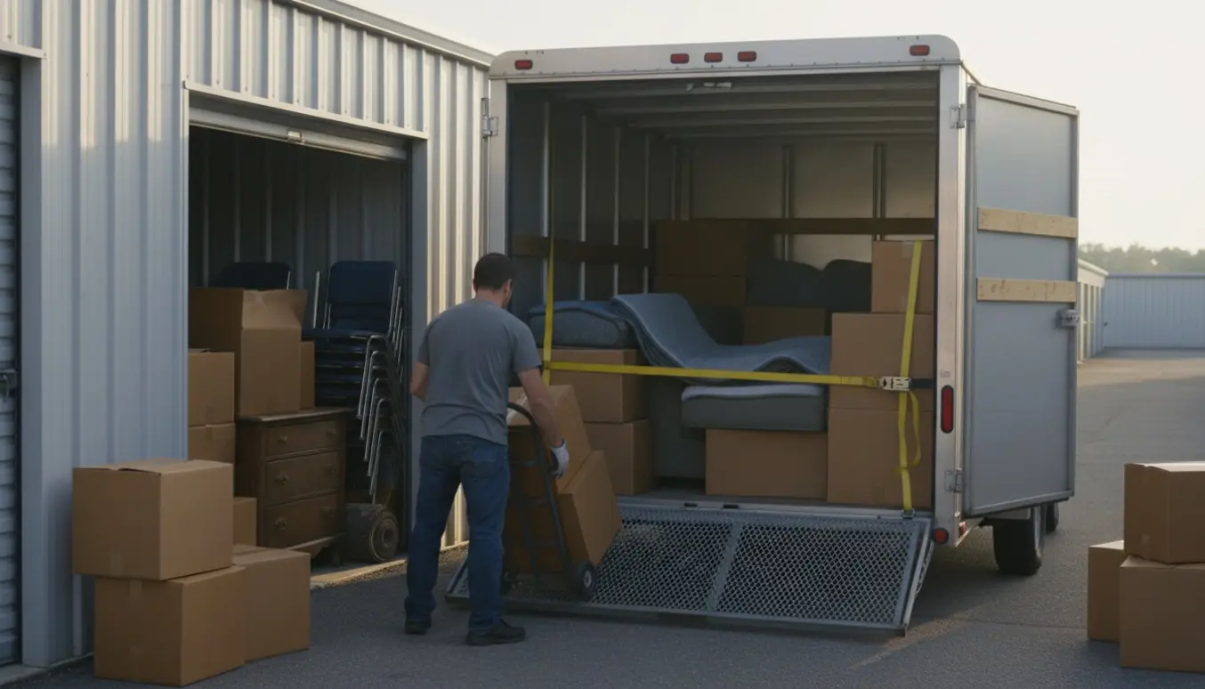 Åben trailer ved et lille opbevaringsrum med stabler af flyttekasser og møbler, en person set bagfra spænder remme.