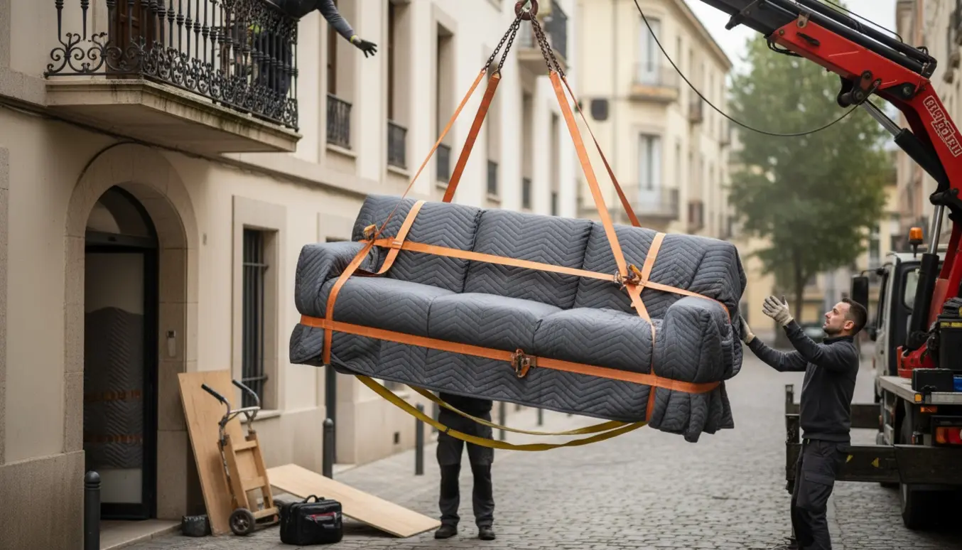 Sofa løftes med remme og kran op til 1. sals altanen ved siden af en smal dør, med flytteudstyr og hjælpere i baggrunden.