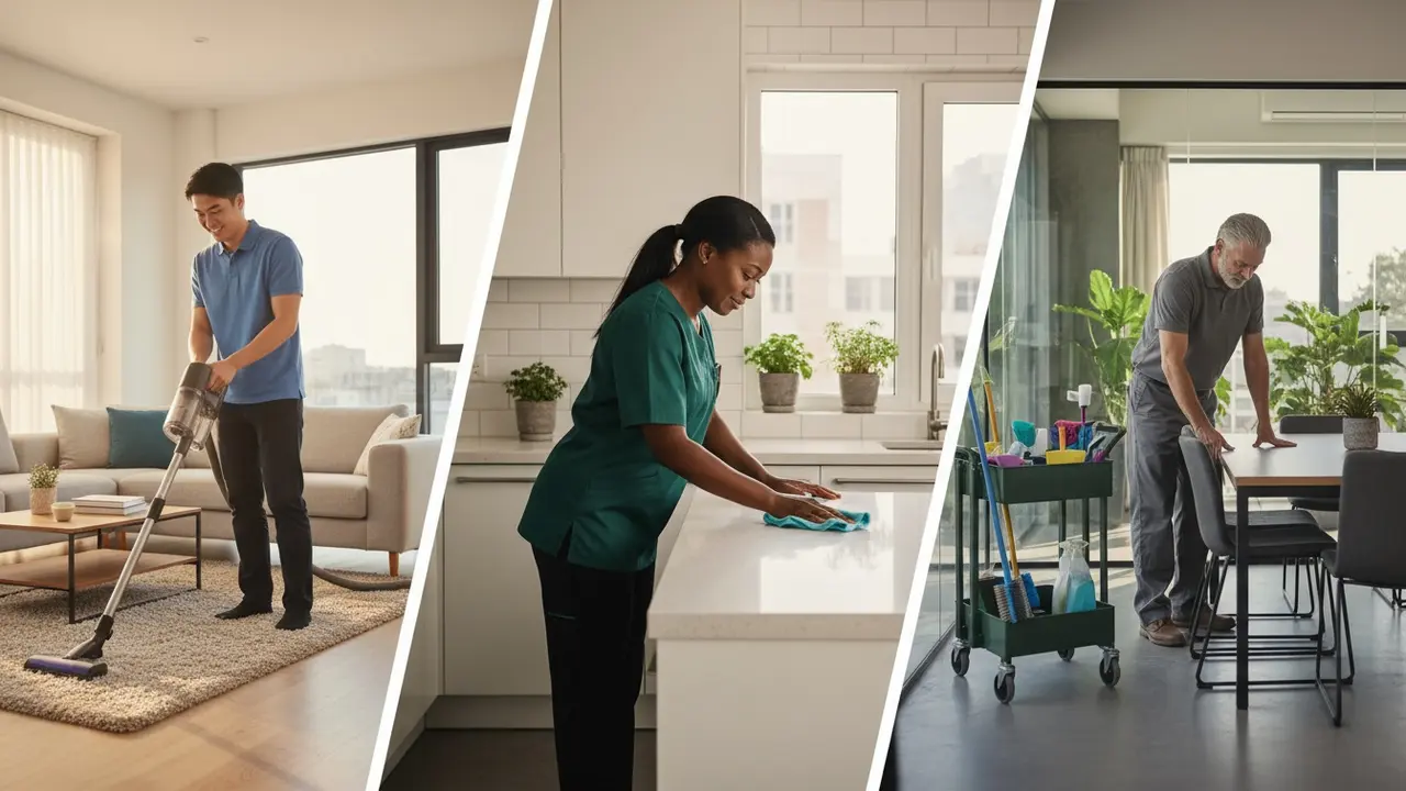 Forskellige rengøringsassistenter i hjem og kontor, der viser branchens variation