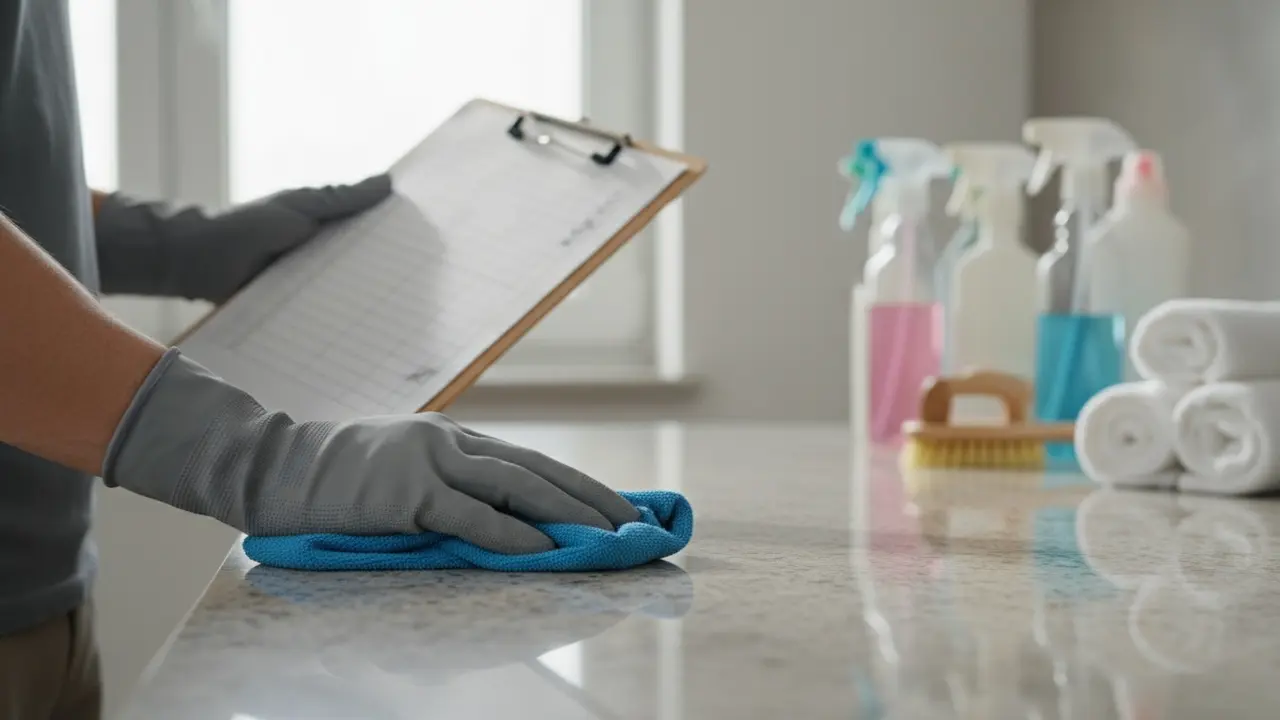 Rengøringsmedarbejder tjekker opgaveliste og pudser overflade, fokus på detaljeorientering