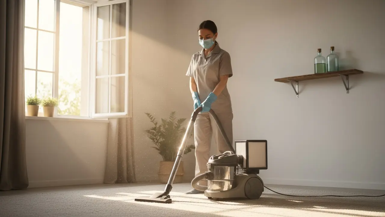 Person med maske og handsker bruger støvsuger med HEPA-filter i sollys, viser allergiforholdsregler