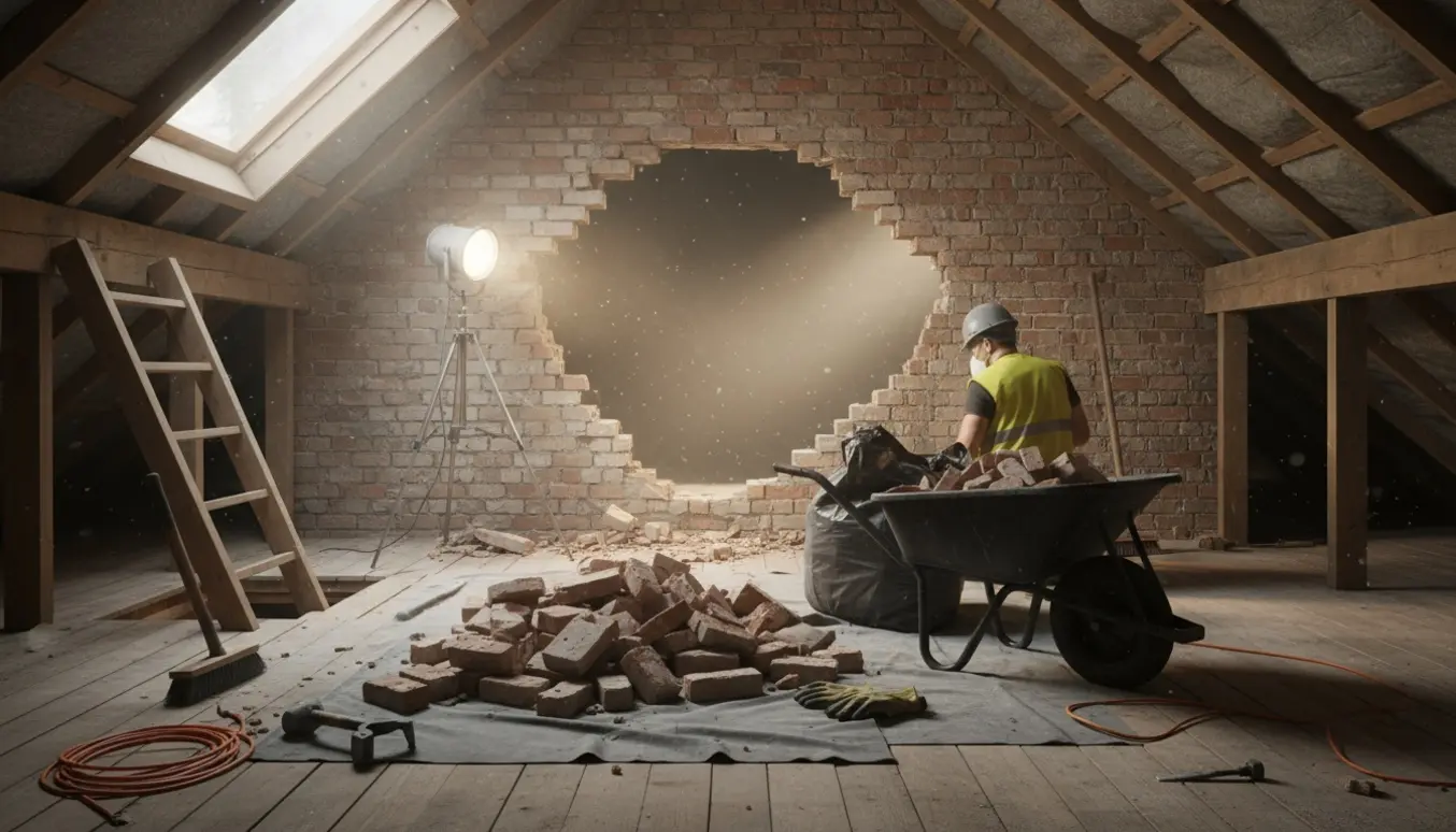 Loft med en nyligt åbnet tidligere tilmuret døråbning, murbrokker og værktøj i forgrunden.