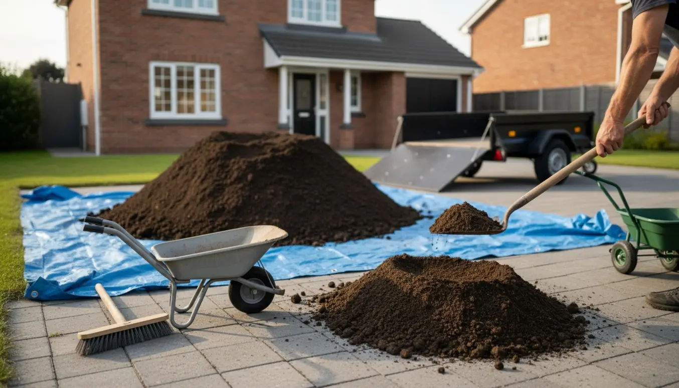 Bunke gravjord på fliser og presenning ved indkørsel med trillebør, skovl og trailer klar til afhentning.