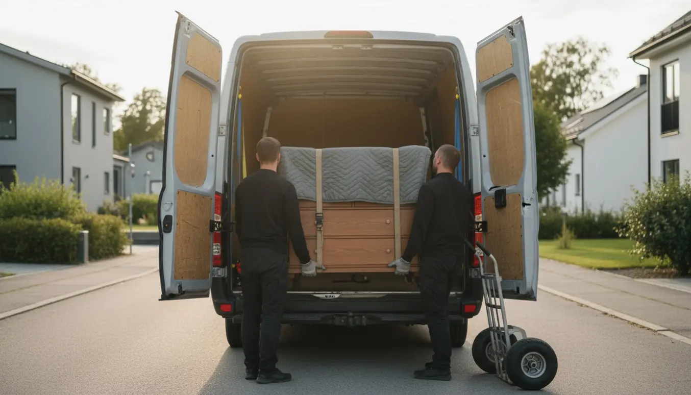 To personer bærer en pakket kommode ind i en flyttevogn på en rolig villa­gade.