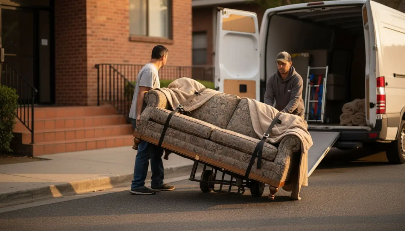 En sofa indpakket i flyttetæpper køres på en flyttevogn mod en åben varevogn foran en lejlighedsbygning.