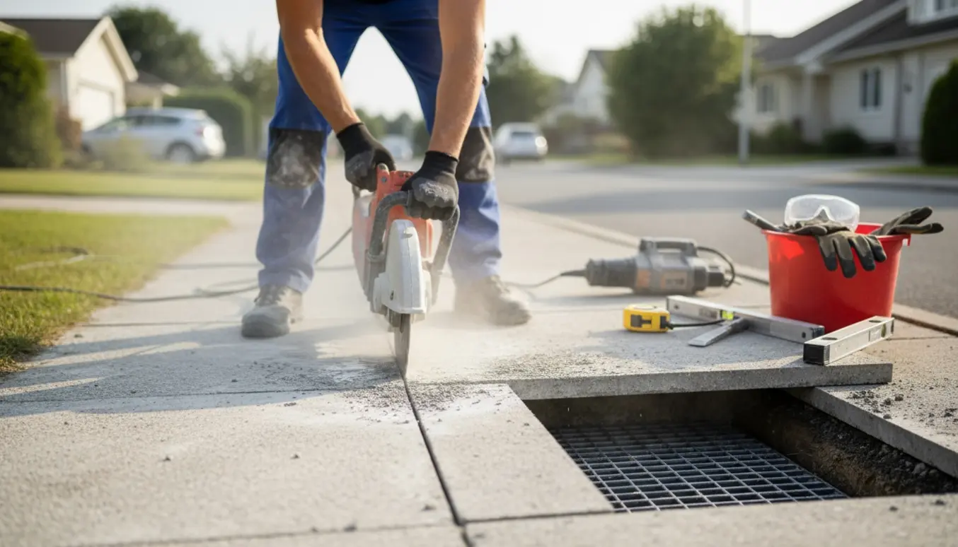 En arbejder skærer en cirka 80 cm bred fortovsflise af beton for at give plads til en drænriste.