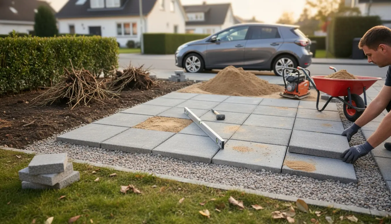 Anlæggelse af parkeringsplads til lille elbil med fjernet hæk, kvadratiske fliser, sand og værktøj.