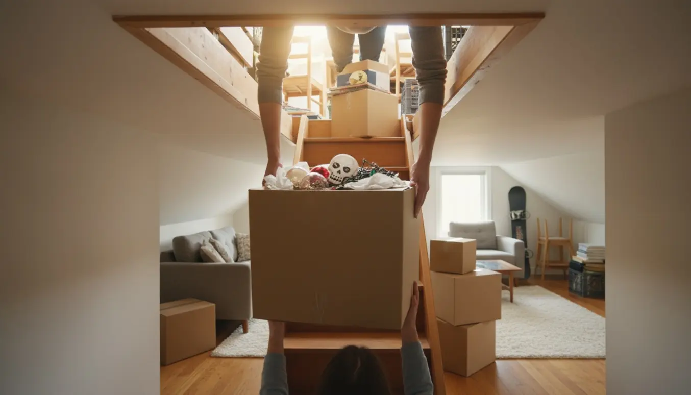 Personer flytter kasser fra et trangt loft ned ad en smal trappe med møbler og jule- og halloweendekorationer synlige.