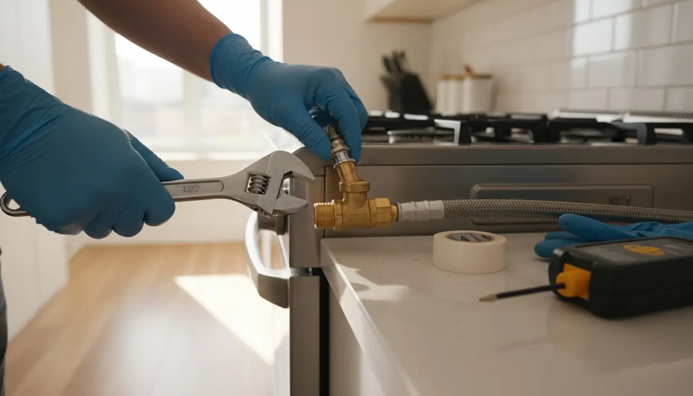 Hænder med handske løsner gasforbindelsen på et gaskomfur ved en lukkeventil i et køkken.