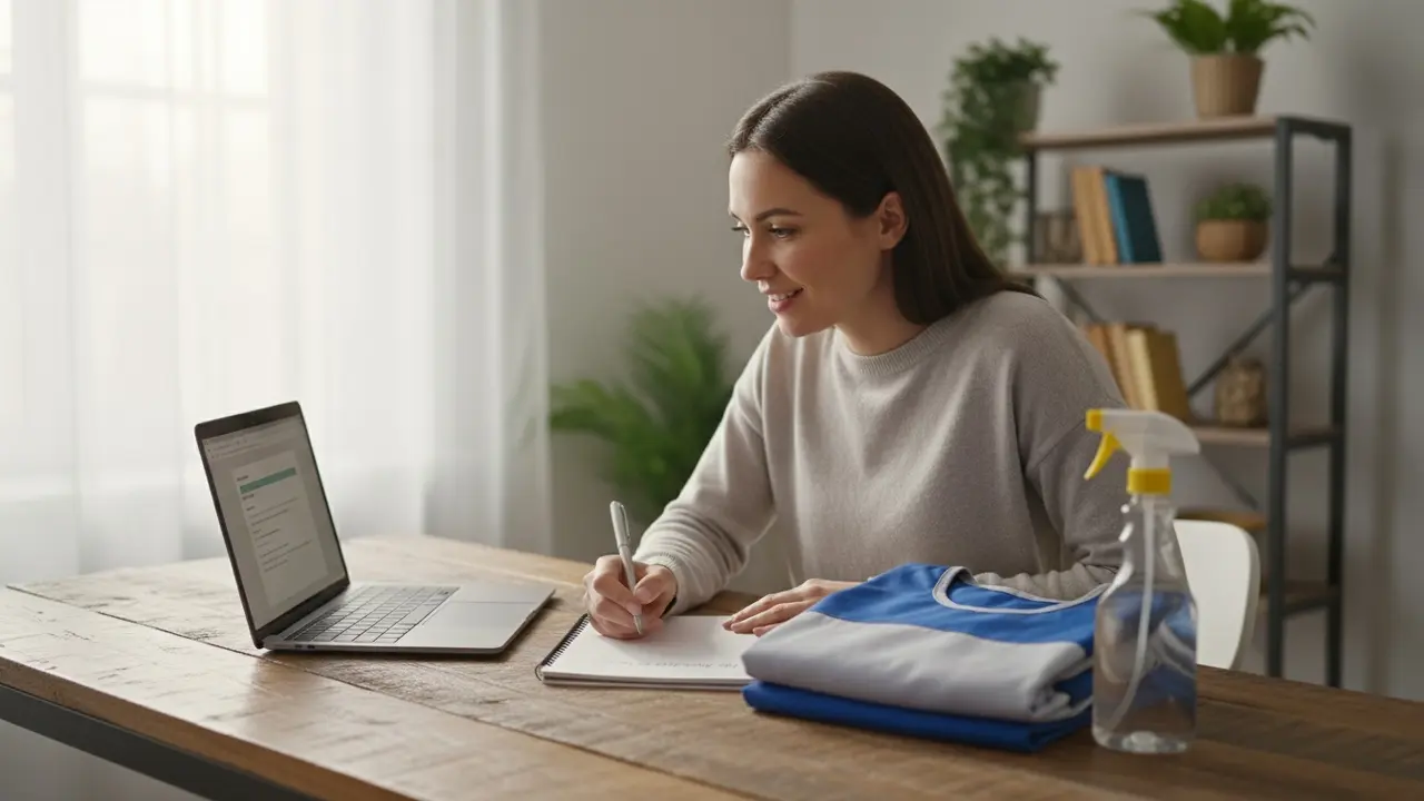Person skriver ansøgning ved bord med bærbar, notesbog og rengøringsuniform i baggrunden