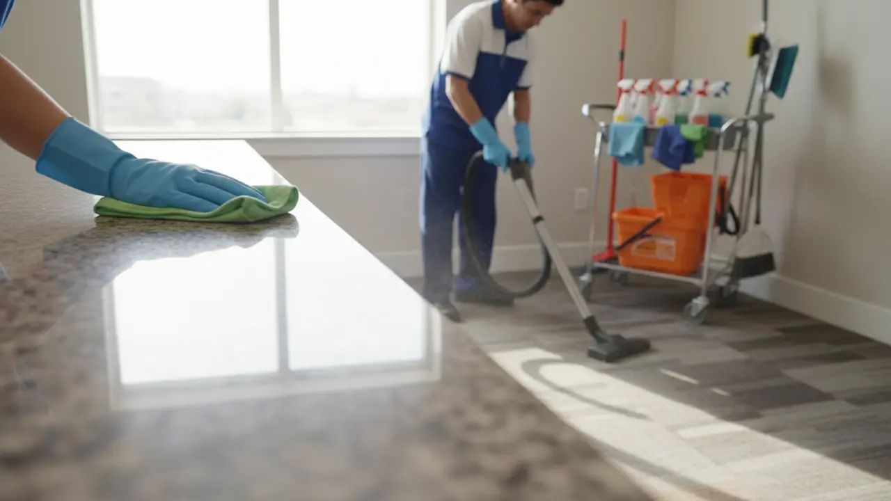 Rengøringsmedarbejder tørrer bord, støvsuger og ryddet rengøringsvogn i baggrunden