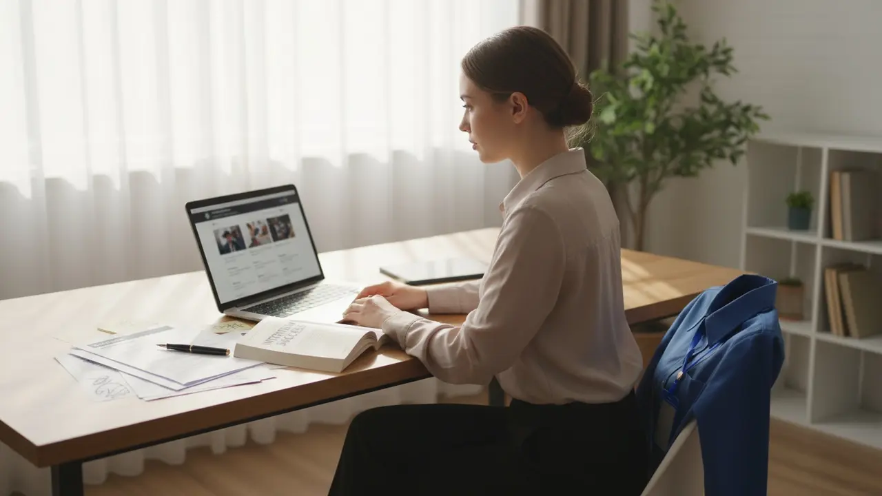 Person forbereder sig til jobsamtale ved laptop med CV og notesblok, uniform ved stolen