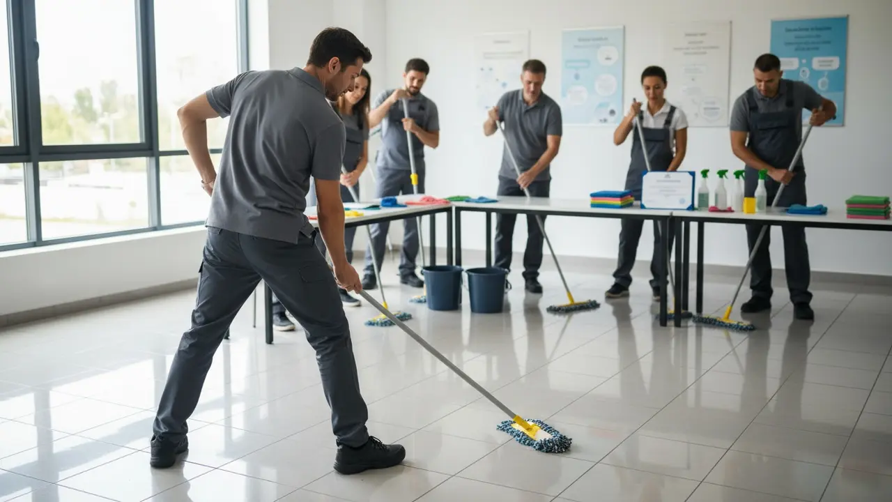 Træningssession hvor instruktør viser ergonomisk moppeteknik til en gruppe kursister
