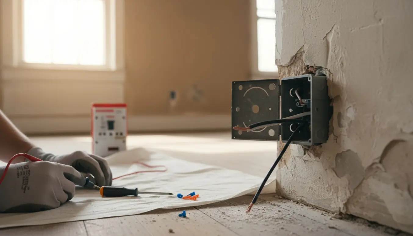 Hænder i handsker reparerer en åben stikkontakt i en ældre lejlighed med eksponerede ledninger og værktøj.