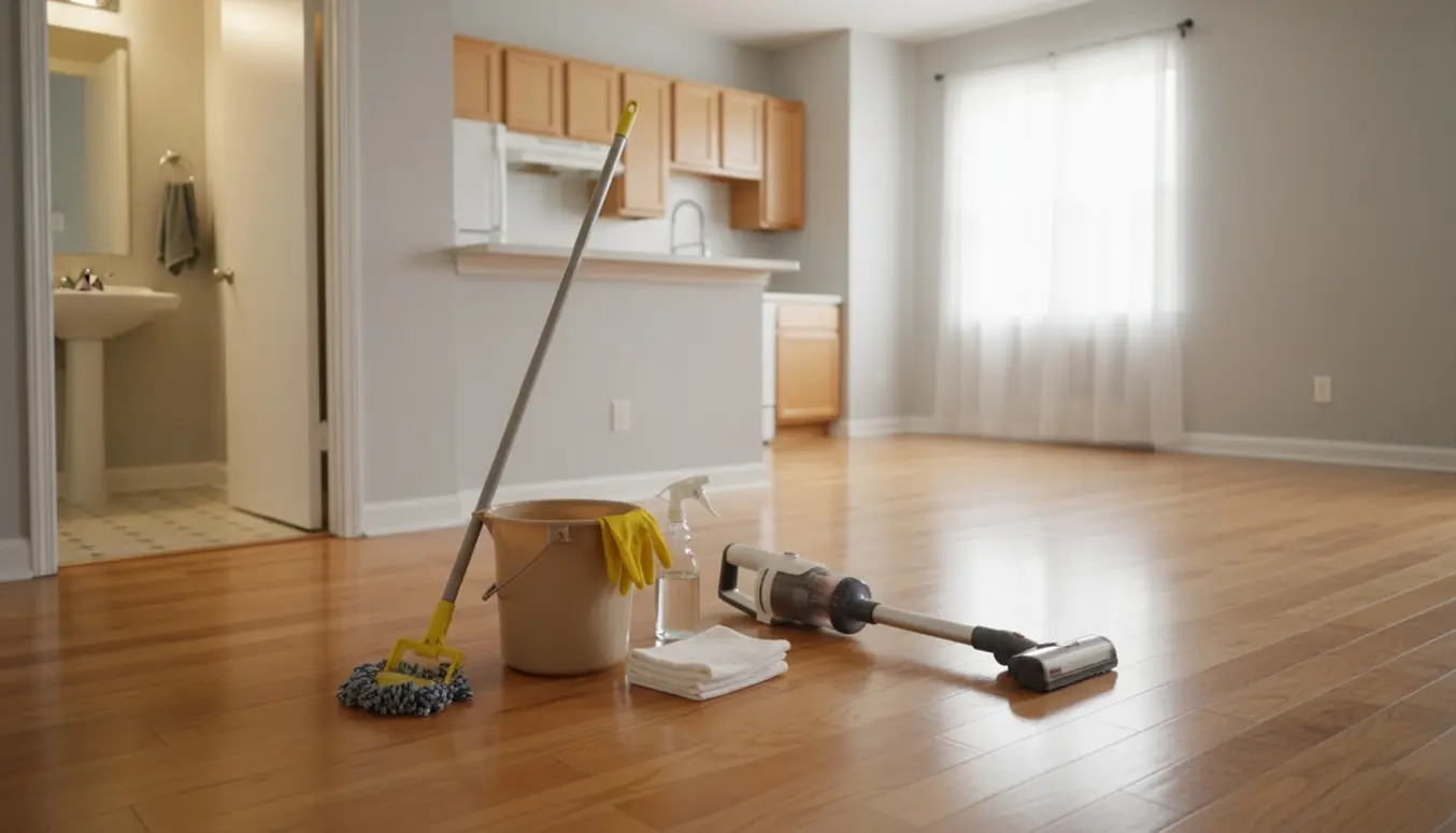 Tom lejlighed med skinnende trægulv og rengøringsudstyr ved flytterengøring.