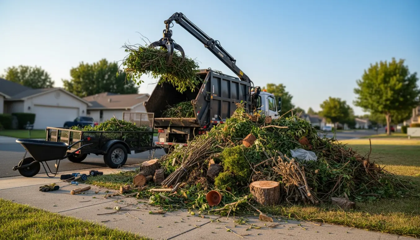 Grab-lastbil læsser bunke af hæk, buske og små træer ved fortovet klar til bortkørsel.