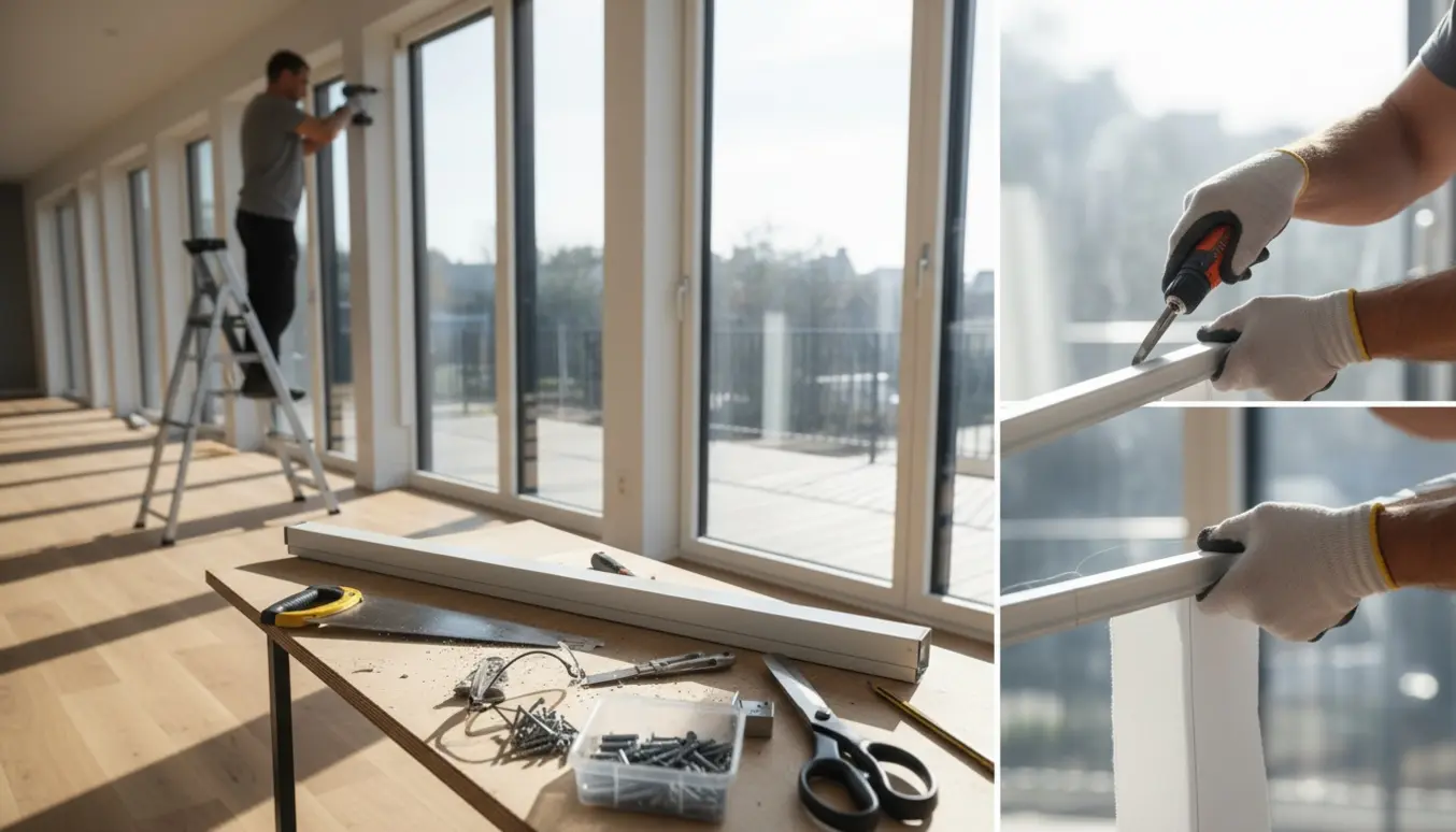 Hænder måler og monterer rullegardiner på en række vinduer, med tilskårne gardiner og værktøj på et bord.