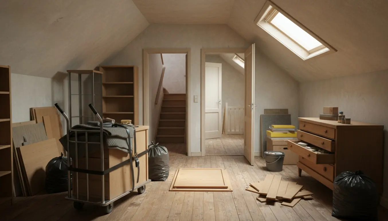 Rodfyldt loftsrum med møbler, kasser og en flyttevogn ved loftlem og to åbne trapper, klar til bortkørsel.