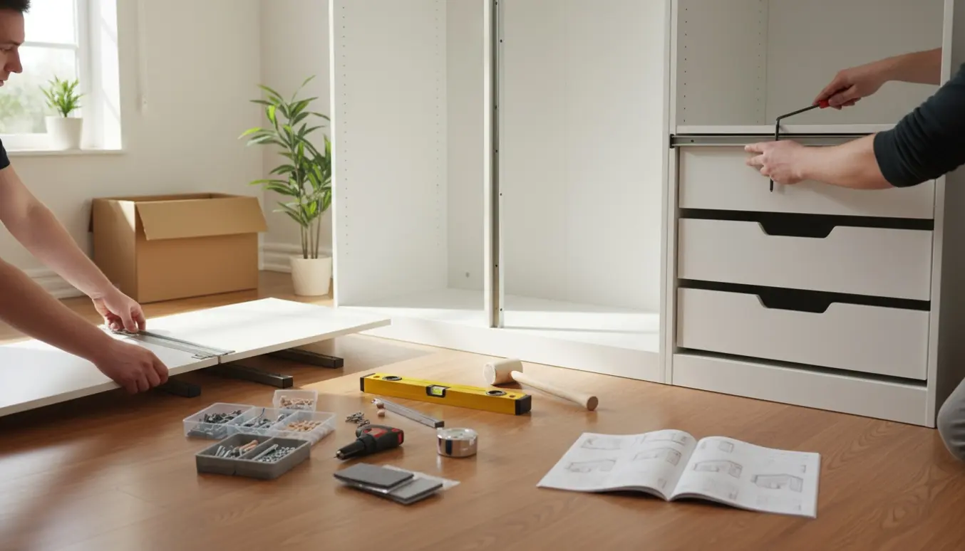 Nærbillede af hænder, der samler et modulskab i et lyst værelse med værktøj og dele på gulvet.