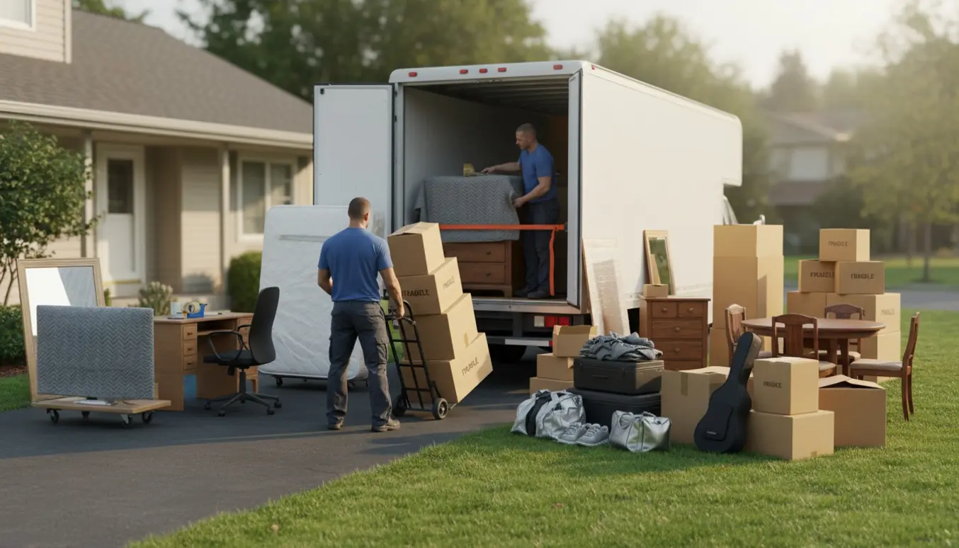 To flyttemænd læsser en hvid flyttevogn med kasser og møbler ved en bolig.