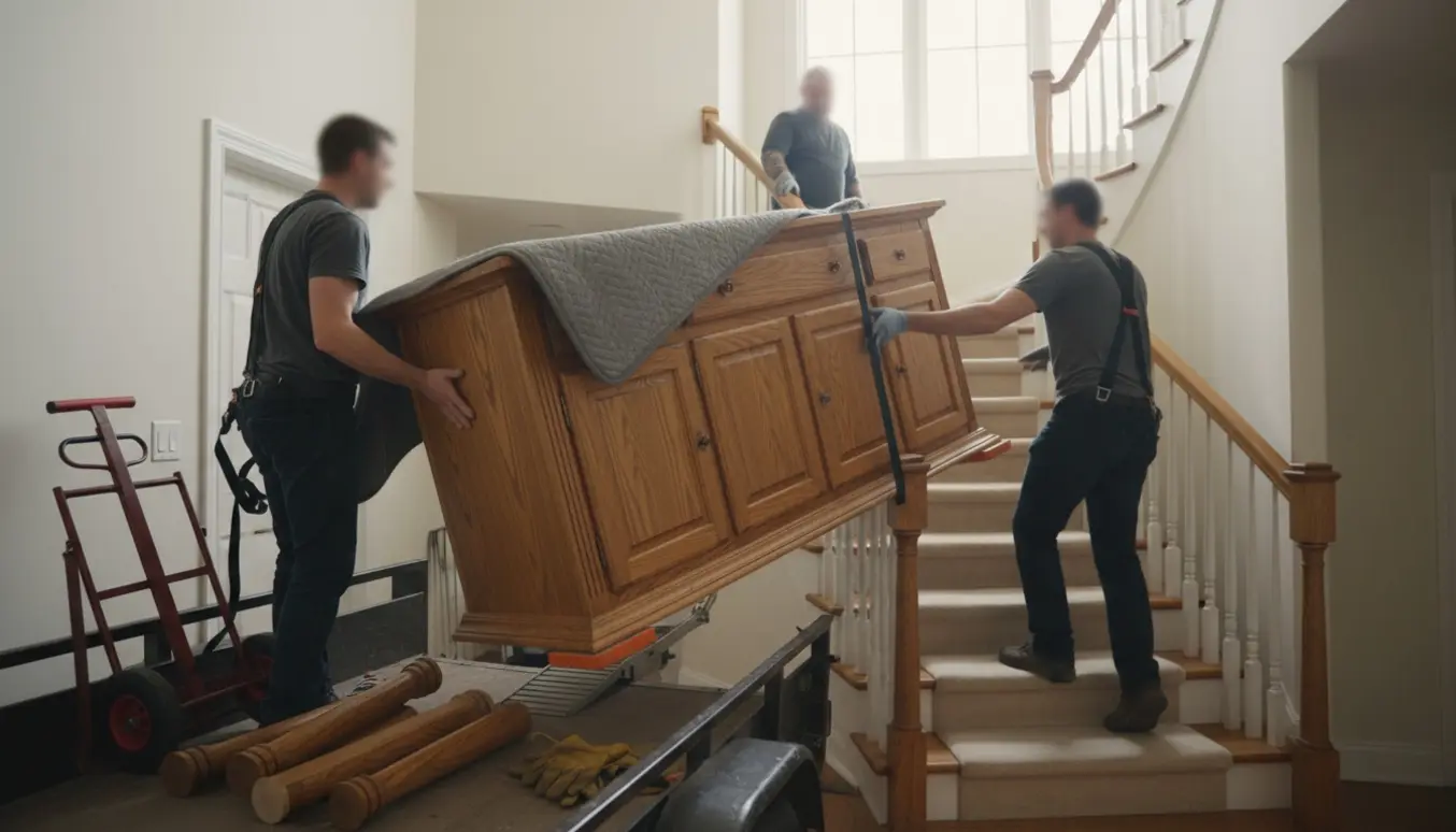 Et massivt egetræsskab løftes fra en trailer op ad en svingtrappe af hjælpere med flytteudstyr, ansigter ikke synlige.