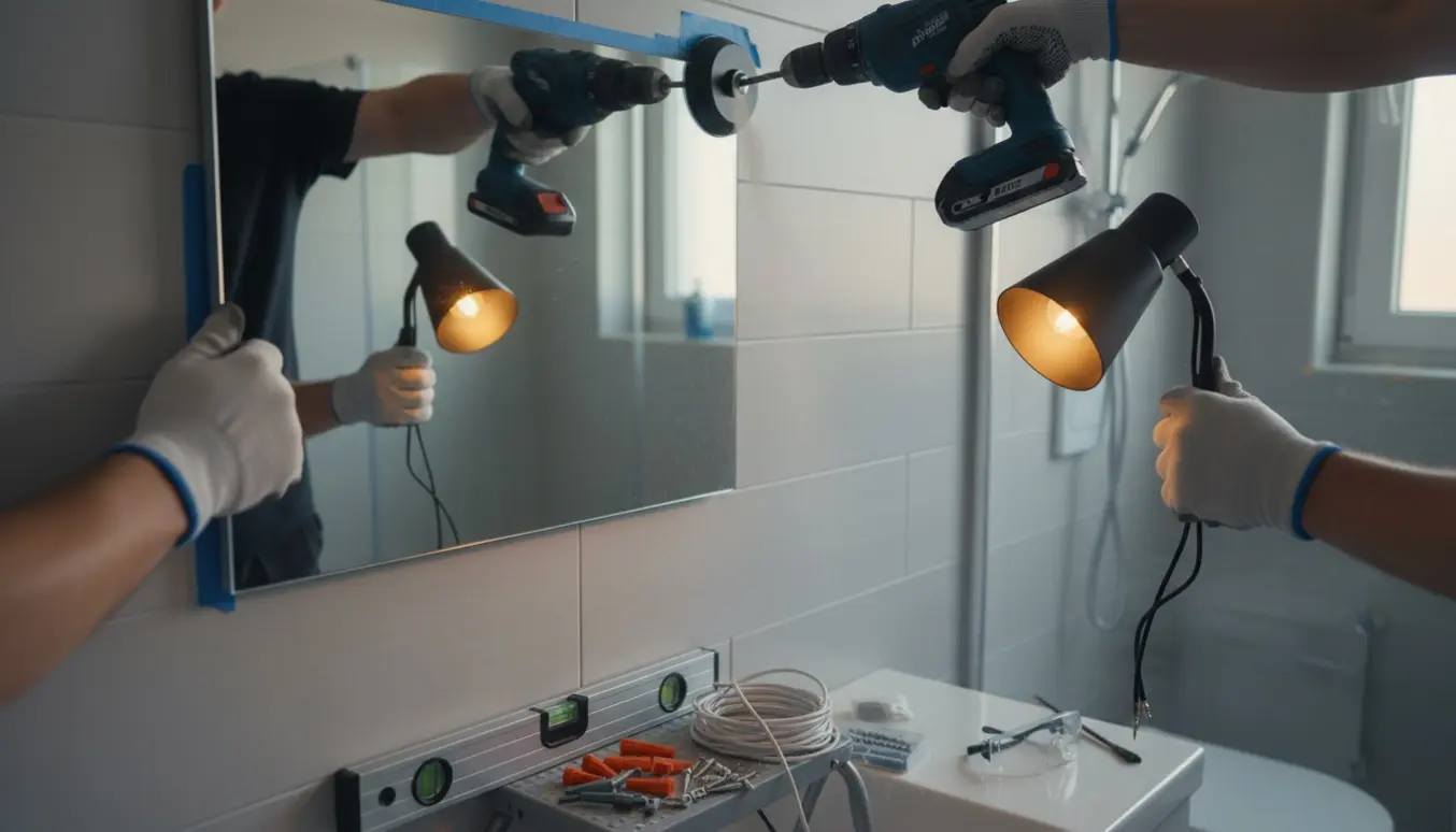 Hænder hænger et nyt spejl (ca. 60 × 70 cm) op på fliser og monterer en væglampe med slagboremaskine og værktøj synligt.