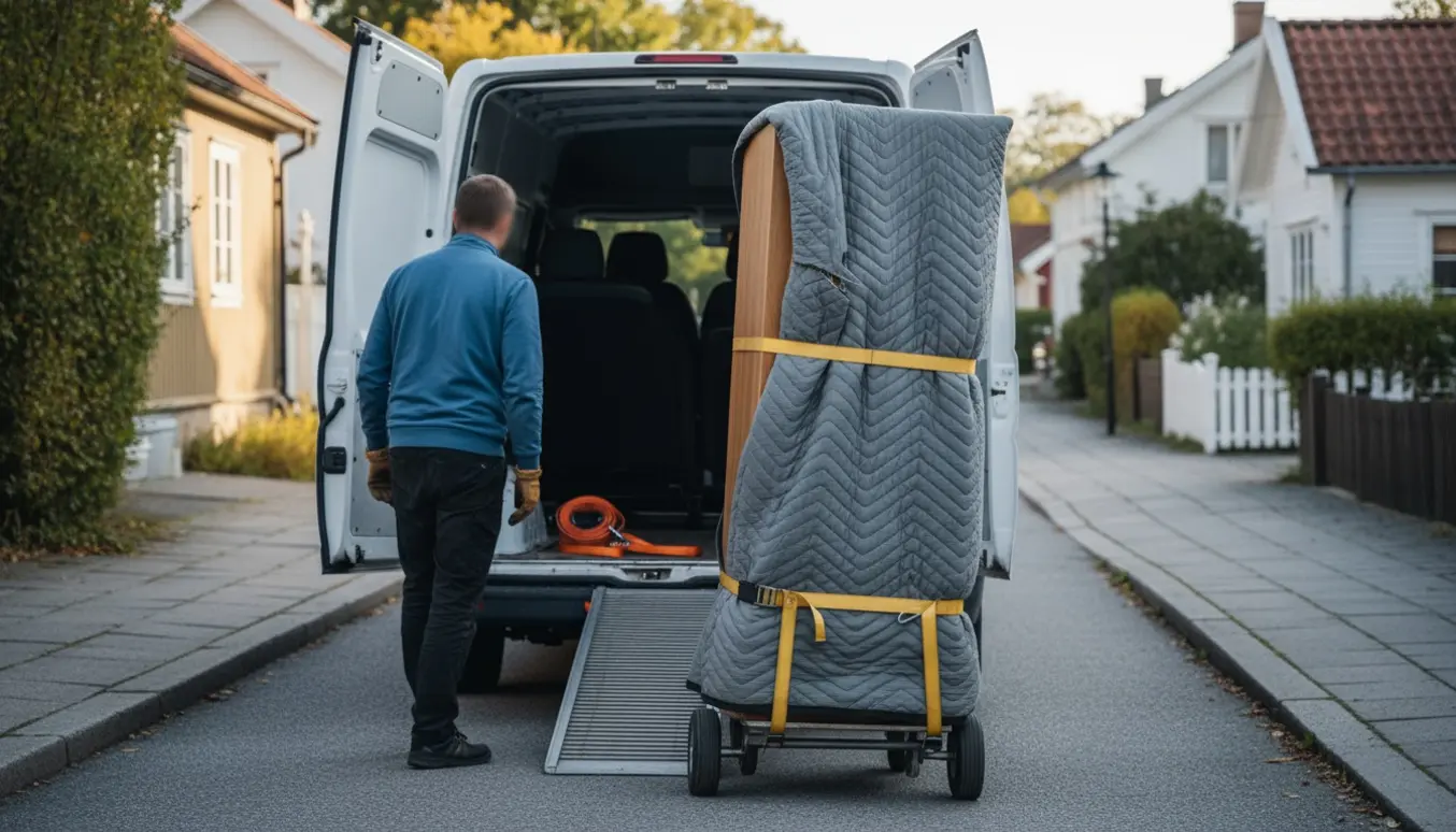 Et indpakket klædeskab sikres på en flyttekærre og læsses ind i en varevogn på en rolig villavej.