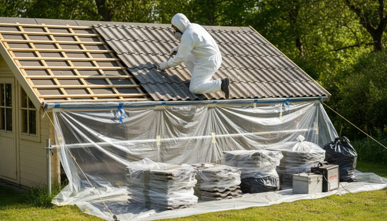 Håndværker i beskyttelsesdragt fjerner asbestholdige eternitplader fra et sommerhustag med plast og affaldsposer på jorden.