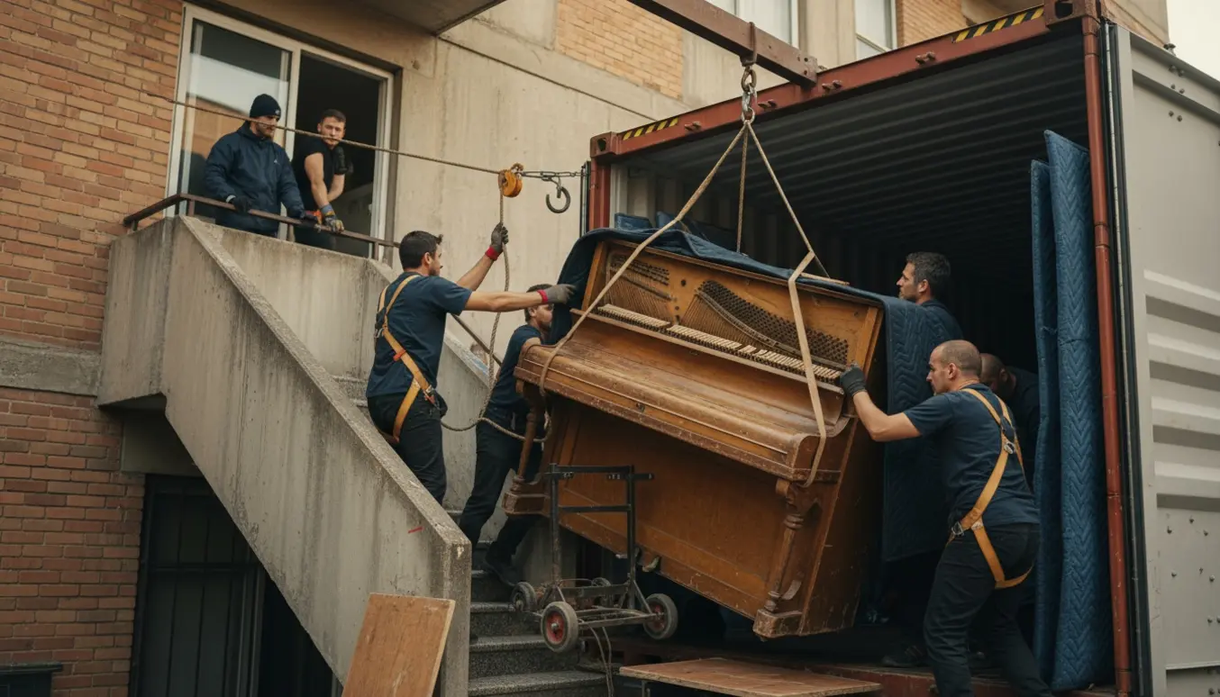 Flyttefolk løfter et gammelt opretstående klaver fra en container op mod 4. sal med tæpper og stropper.