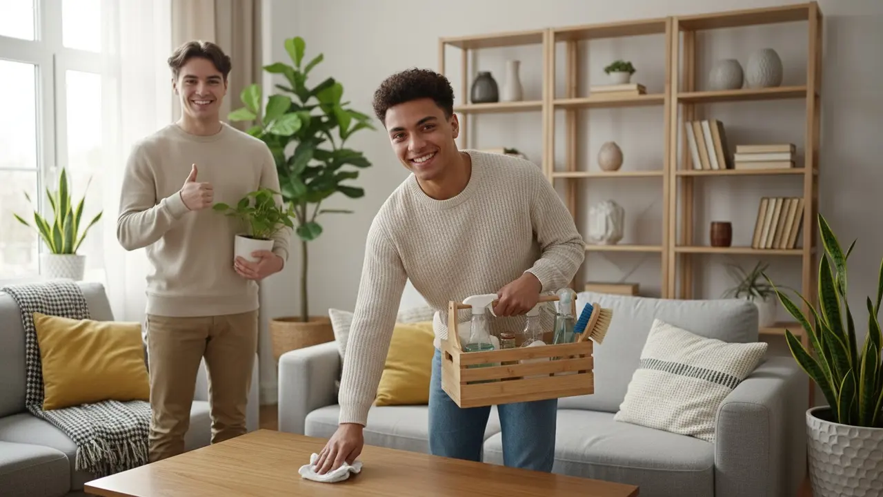 Ung person udfører rengøring i veninders stue med rengøringskasse og smil