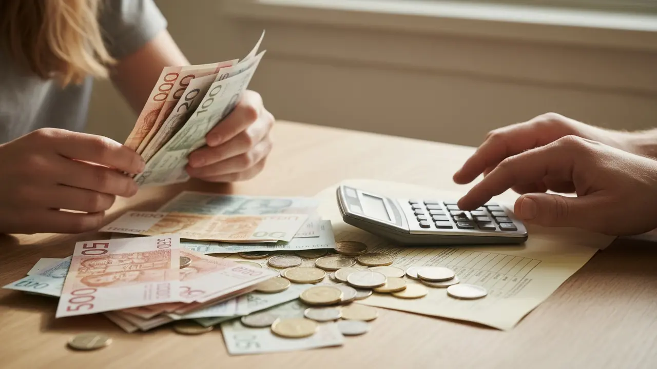 Hænder tæller danske kroner ved siden af en lommeregner og et dokument om SU