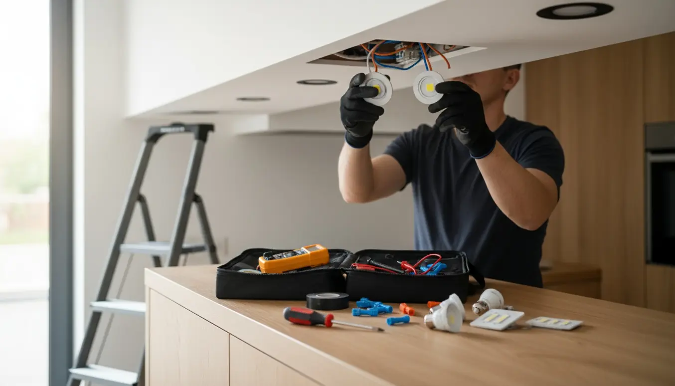 Hænder monterer en LED-spot i et køkkenloft med flere slukkede spots og værktøj på bordet.