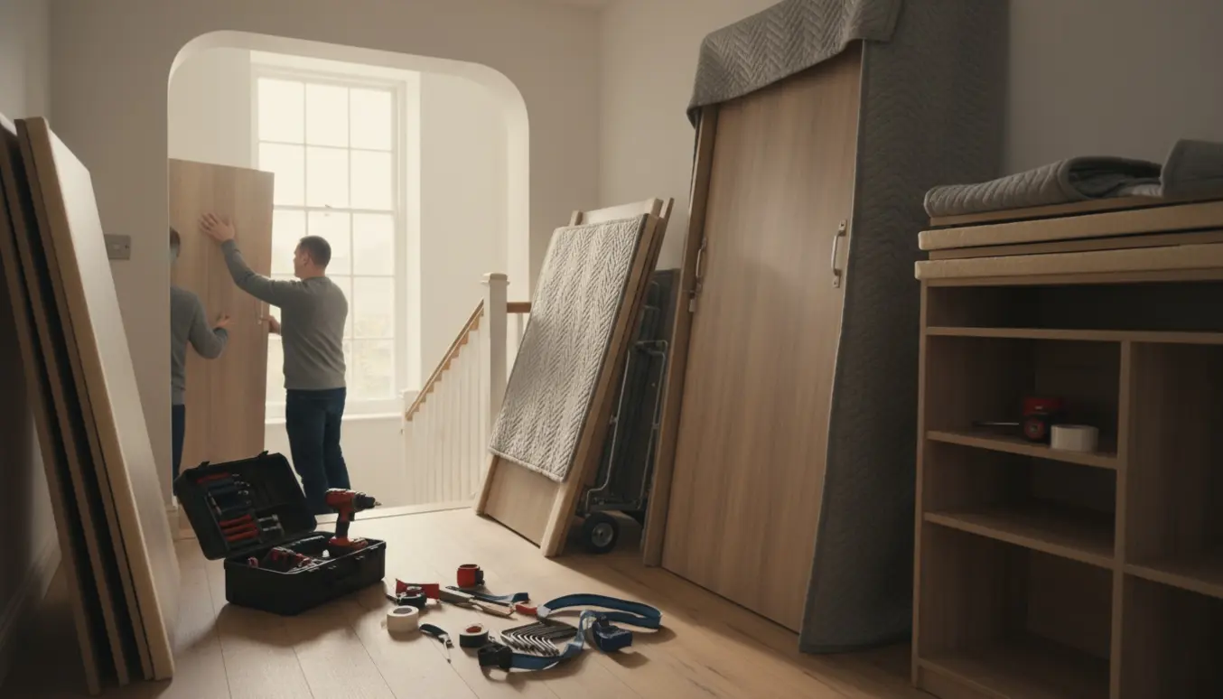 Adskilt træskab bæres op ad lys trappe og gøres klar til genmontering i et rækkehus.