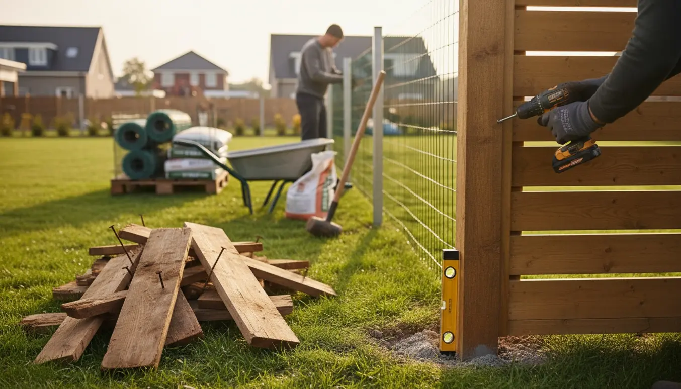 Håndværker opsætter træpaneler og nethegn i en villahave med materialer og værktøj i baggrunden.