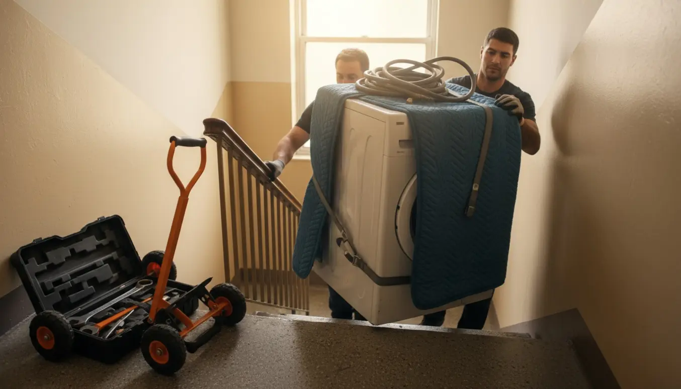 To personer bærer en hvid frontbetjent vaskemaskine ned ad en lejlighedstrappe med flyttetæpper og værktøj.