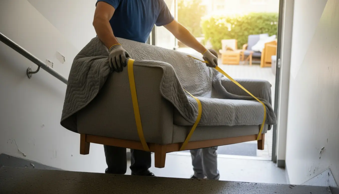 To mænd bærer en sofa ned ad en trappe fra 3. sal mod gården.