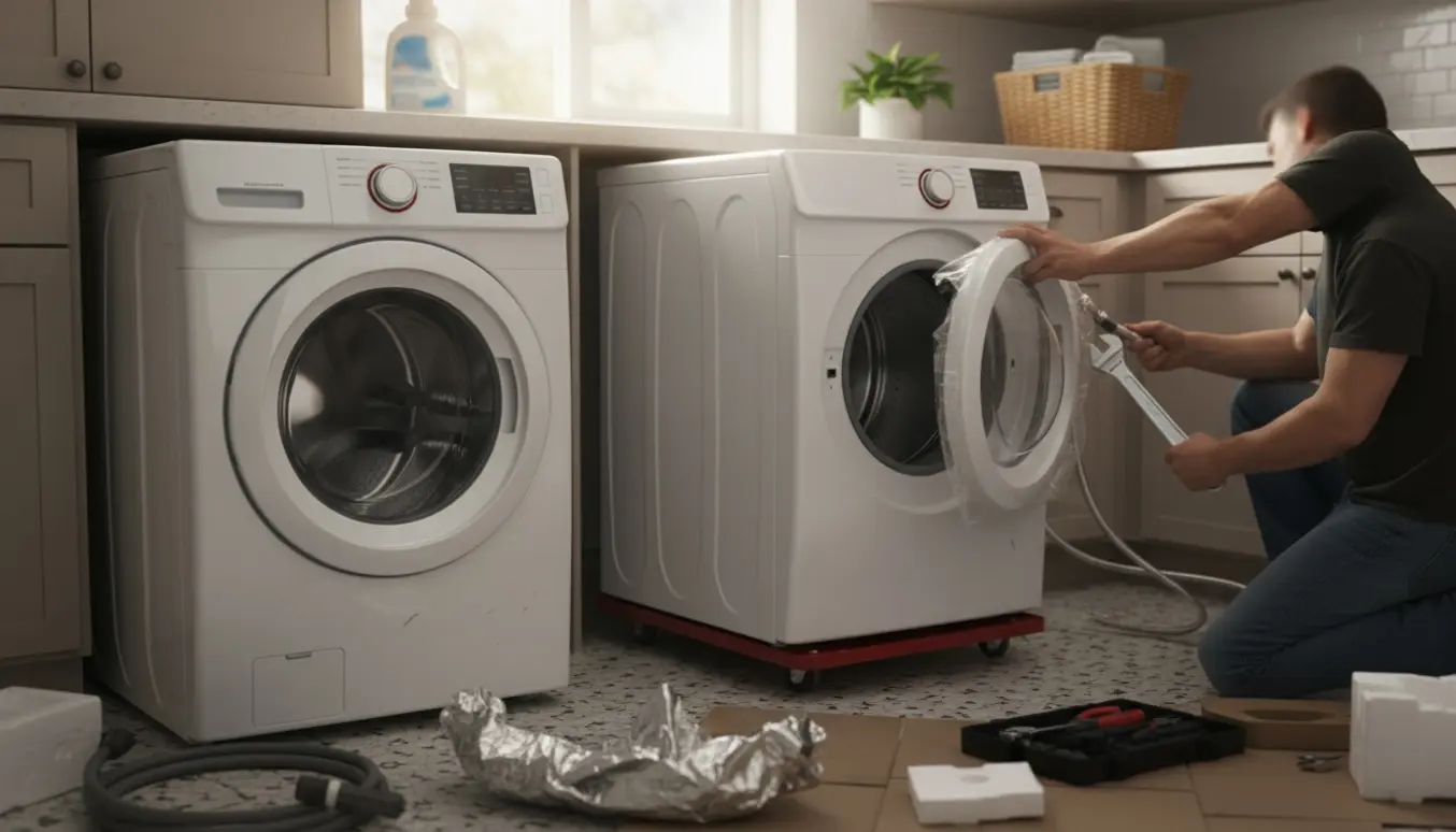 Hænder skubber en ny frontbetjent vaskemaskine på plads i et lyst bryggers under udskiftning.